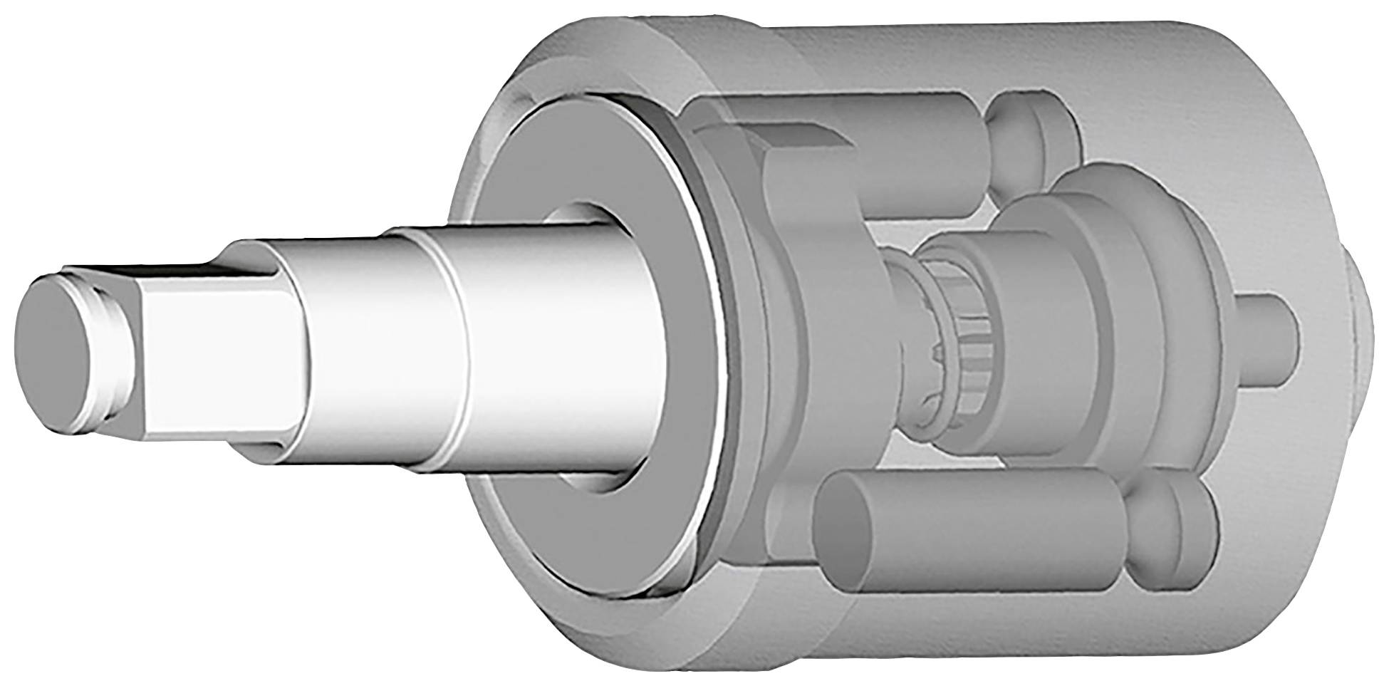 Eine technische Zeichnung eines mechanischen Bauteils zeigt eine Welle und Zahnradmechanismus, vermutlich Teil eines größeren Gerätes.