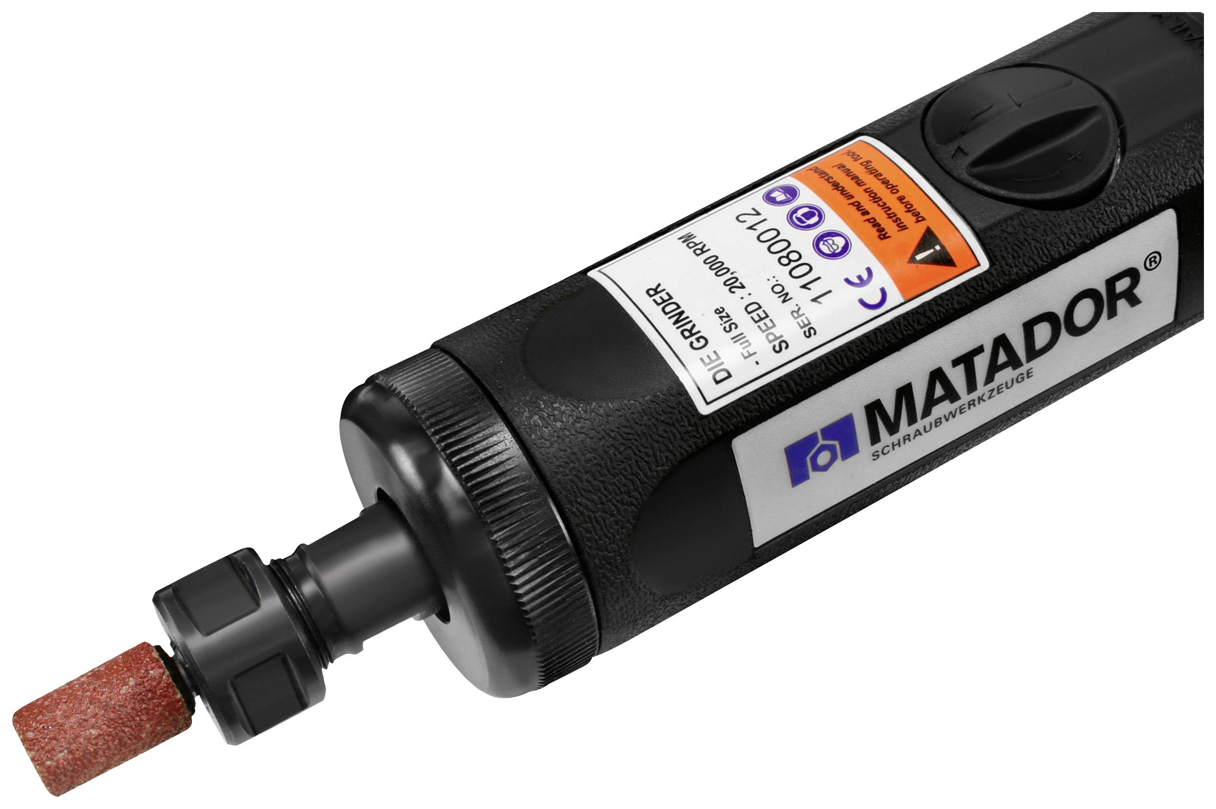 Ein elektrisches Schleifwerkzeug von Matador mit rotem Schleifkopf, geeignet für präzise Arbeiten an verschiedenen Materialien.