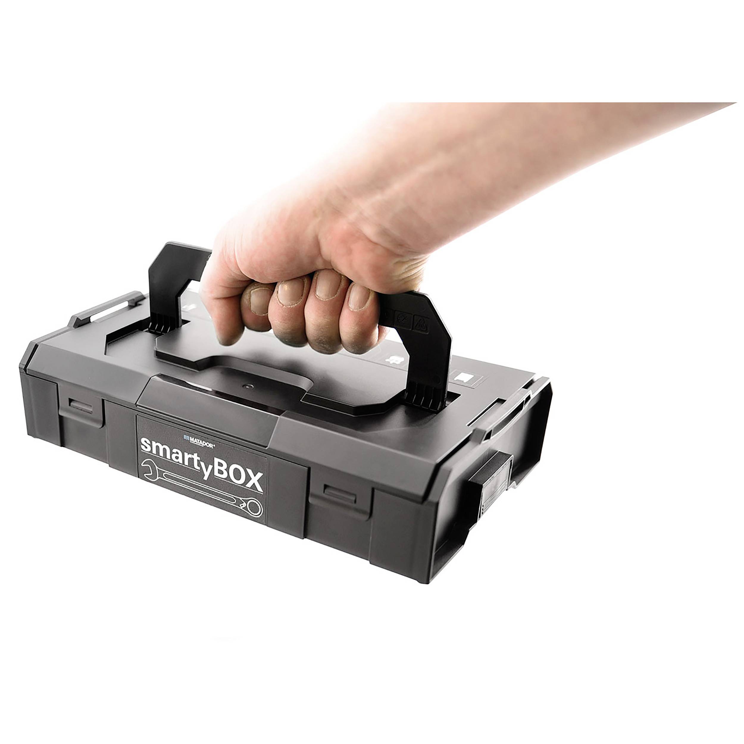 Eine Hand hält einen schwarzen Werkzeugkasten mit der Aufschrift 'smartyBOX'.