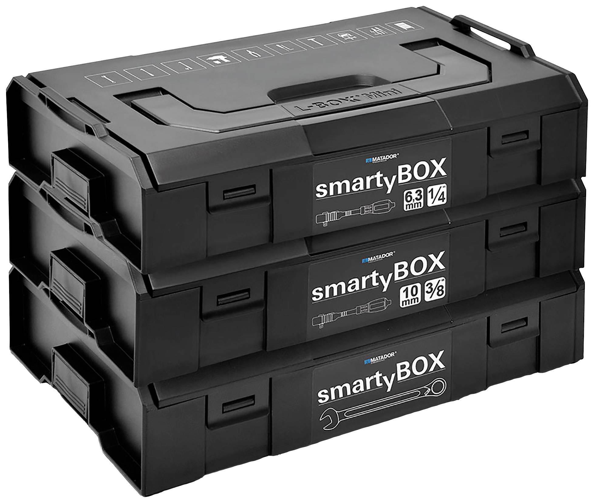 Drei stapelbare schwarze Werkzeugboxen mit unterschiedlichen Größenangaben: 6,3 mm, 10 mm, jeweils mit passenden Symbolen.