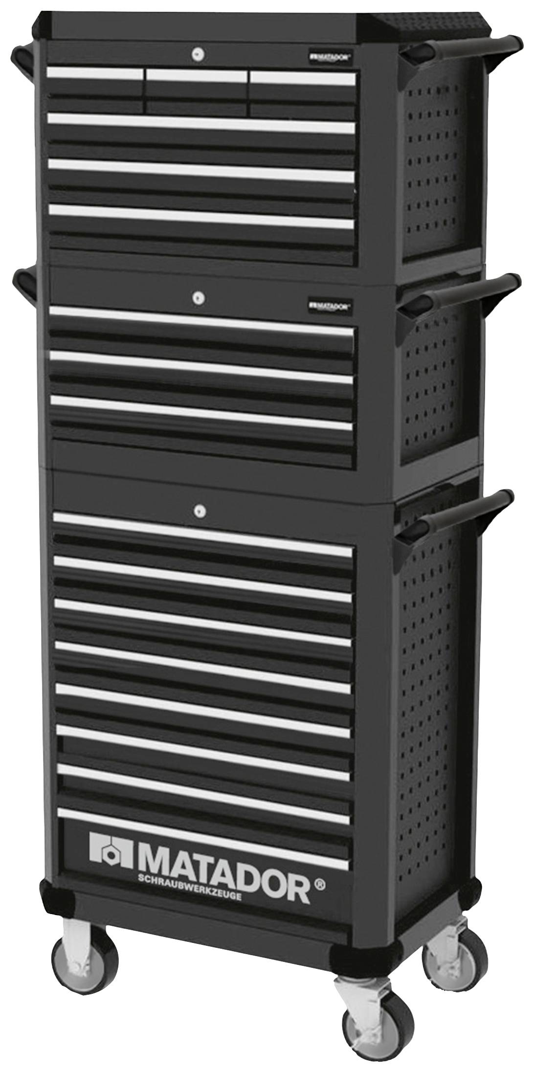 'Matador'-Werkzeugwagen mit mehreren Schubladen, schwarzem Gehäuse und Rollen darunter. Ideal für die Aufbewahrung und Organisation von Werkzeugen.