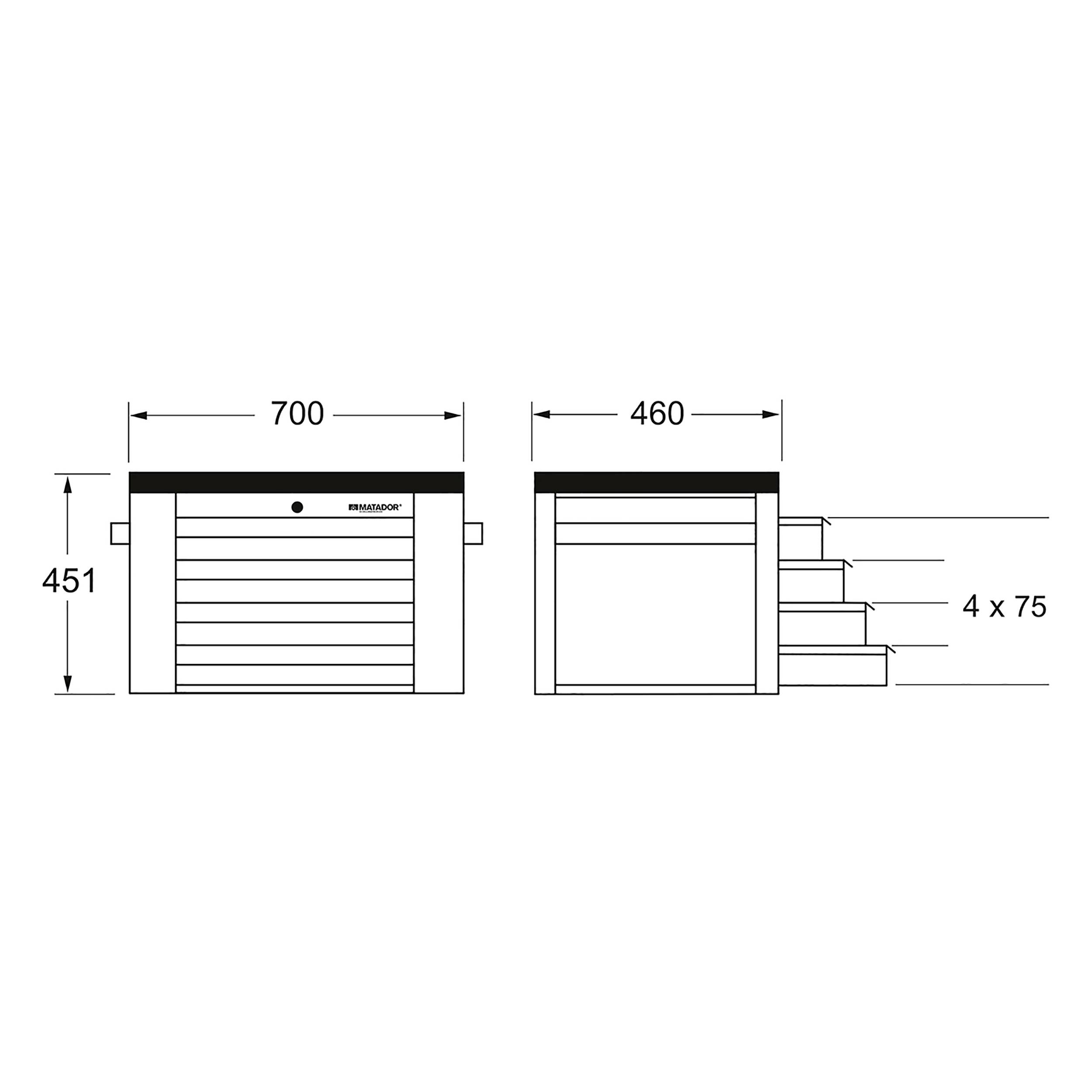 Technische Zeichnung einer Treppenplattform mit Abmessungen: Breite 700 mm, Tiefe 460 mm, Höhe 451 mm, vier Stufen mit jeweils 75 mm.