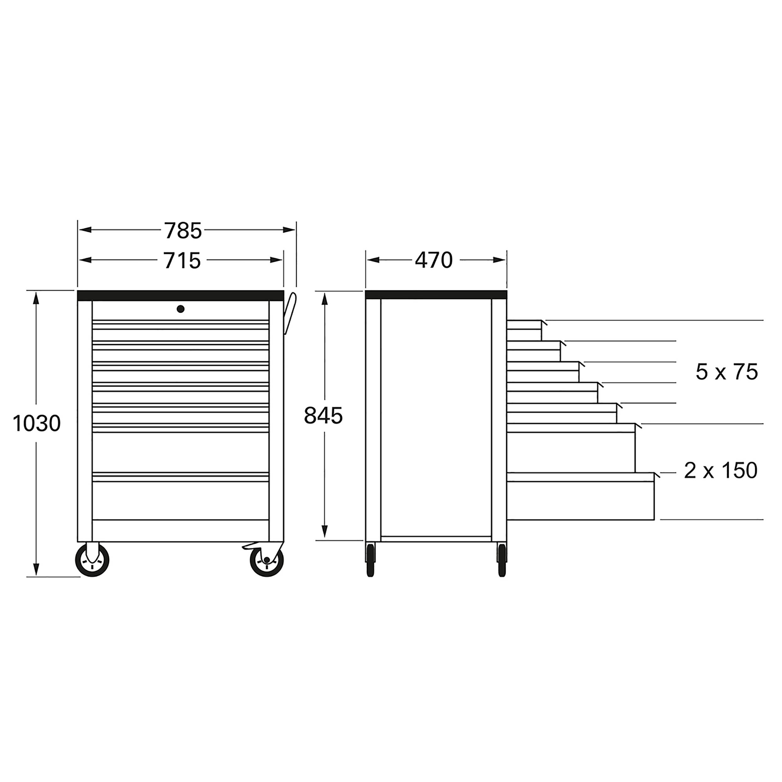 Werkzeugwagen mit Maßen: 785 mm Breite, 470 mm Tiefe, 1030 mm Höhe. Enthält fünf Schubladen mit 75 mm Höhe, zwei mit 150 mm.