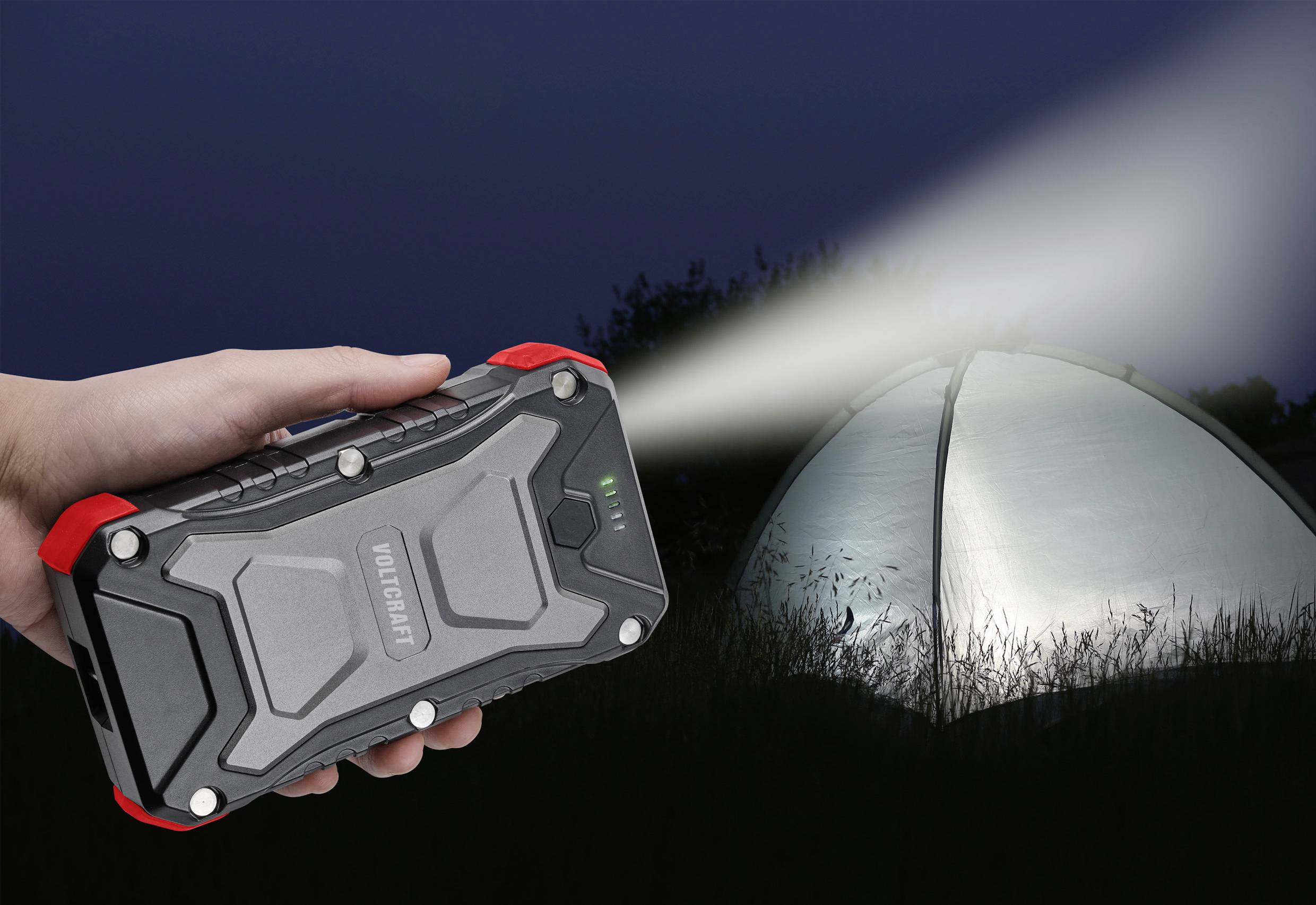 VOLTCRAFT VC PB PD65W Rugged Powerbank 30000 mAh USB PD 3.0 Li-Ion Schwarz-Rot LED Taschenlampe, Statusanzeige, Outdoor