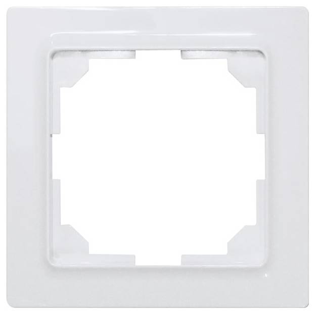 Weißer quadratischer Lichtschalterrahmen aus Kunststoff, passiv und leer, bereit für die Montage eines Schalters oder einer Steckdose.