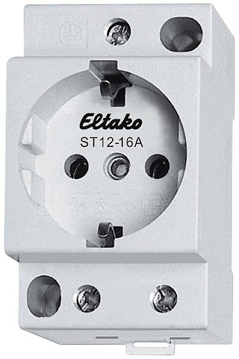 Steckdose einer Marke, montierbar auf DIN-Schienen, geeignet für elektronische Installationen.