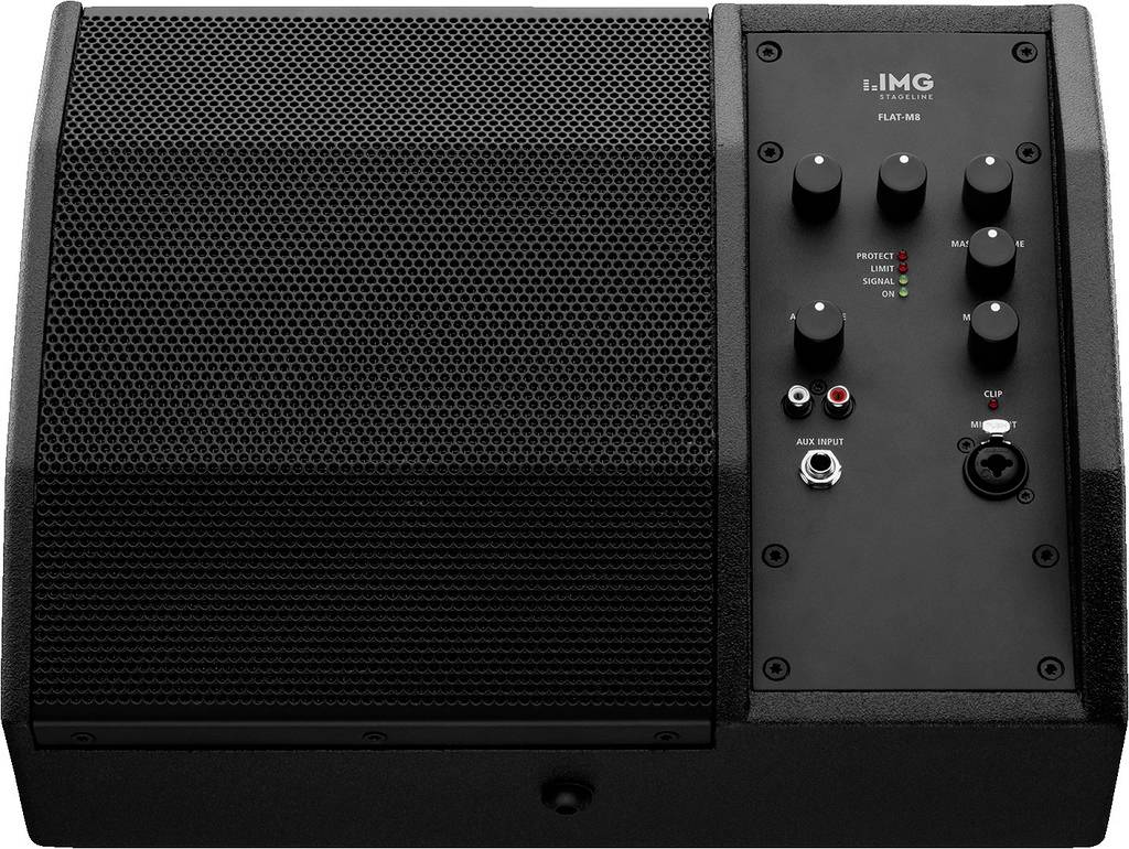 Schwarzer Bühnenmonitor mit Lautsprechergitter und Bedienfeld rechts. Knöpfe zur Lautstärkeregulierung und Equalizer-Einstellungen.