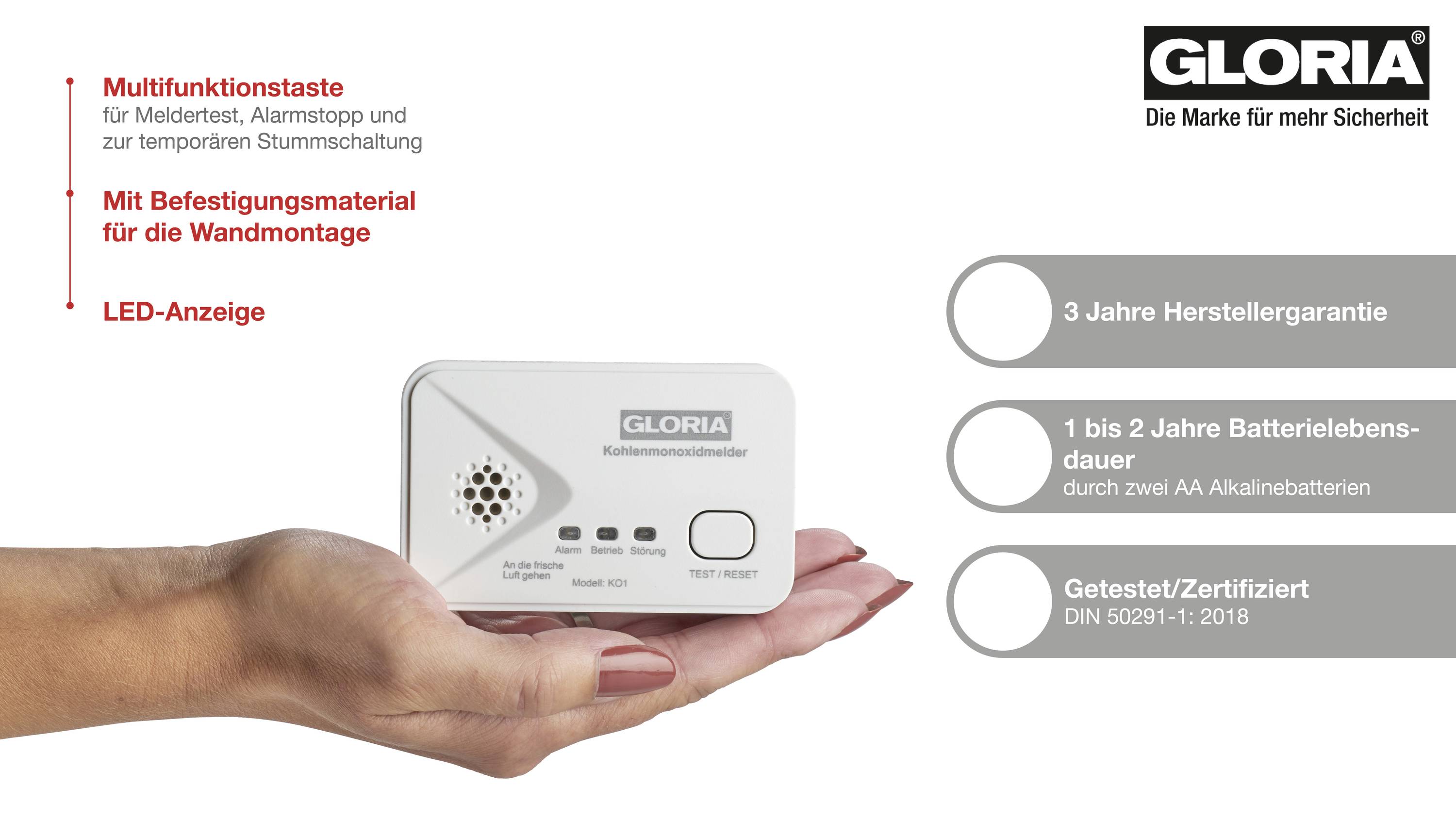 Gloria KO1 Kohlenmonoxid-Melder batteriebetrieben detektiert Kohlenmonoxid