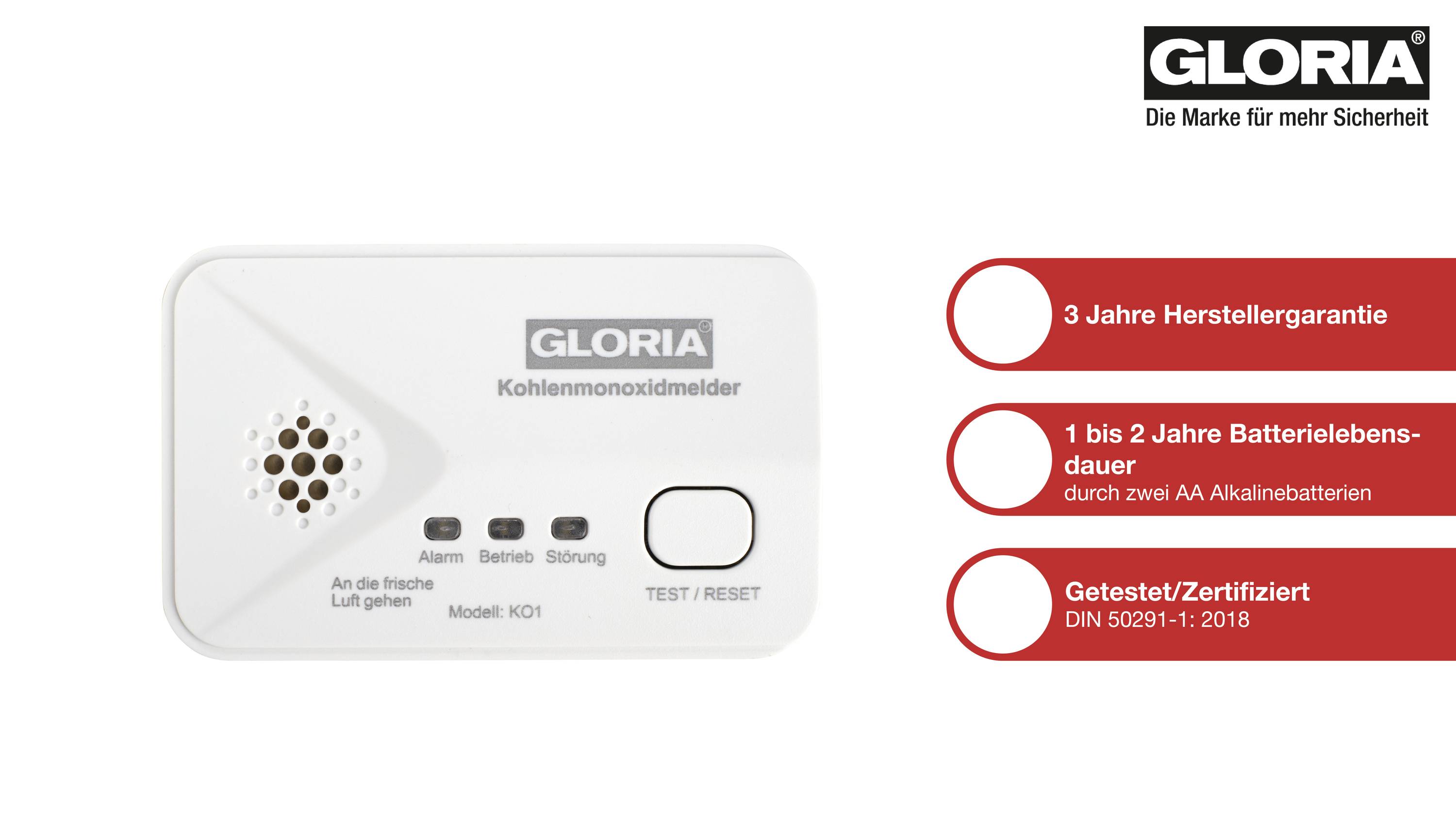 Gloria KO1 Kohlenmonoxid-Melder batteriebetrieben detektiert Kohlenmonoxid