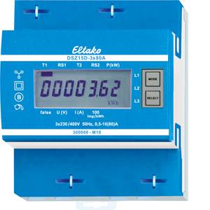 Ein blauer Stromzähler zeigt '00036.2 kWh' an. Links Symbole für Einstellungen, rechts ein Knopf für Modus-Wechsel.