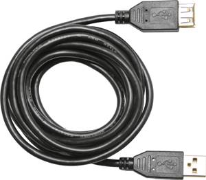 Ein schwarzes USB-Kabel mit beiden Enden sichtbar. Links befindet sich ein Standard-USB-Stecker, rechts ein USB-Anschluss.