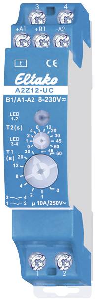 Blauer Elektronikbaustein von Eltako mit mehreren Schraubklemmen oben und unten. Aufdruck: 'A2Z12-UC' und Spannung '8-230V~'.