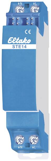 Ein blauer Eltako STE14 Stromstoßschalter mit Anschlüssen an der Ober- und Unterseite.