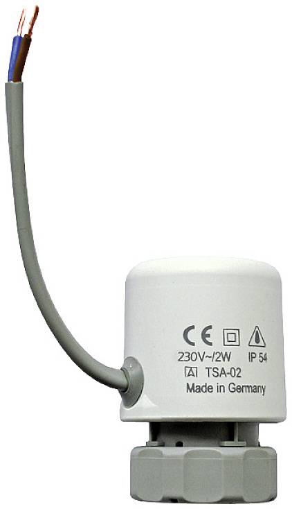 Thermostatventil-Hauptkörper aus weißem Kunststoff mit Kabelanschluss, CE-gekennzeichnet, mit Aufschrift 'Made in Germany'.