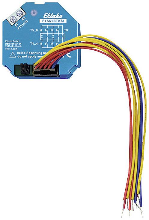 Blaues Eltako Funkaktor-Modul mit gelben, roten und blauen Kabeln. Geeignet für elektronische Installationen.