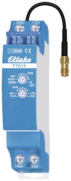 Ein blauer Eltako FTD14 Funk-Transceiver mit Anschlusskabel, Schaltern und LEDs. Verwaltet und steuert Funksignale in Gebäuden.