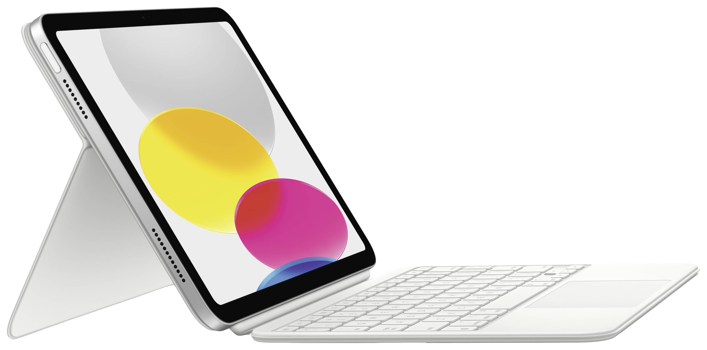 Tablet mit farbigem Bildschirm sitzt auf einem weißen Tastatur-Case.