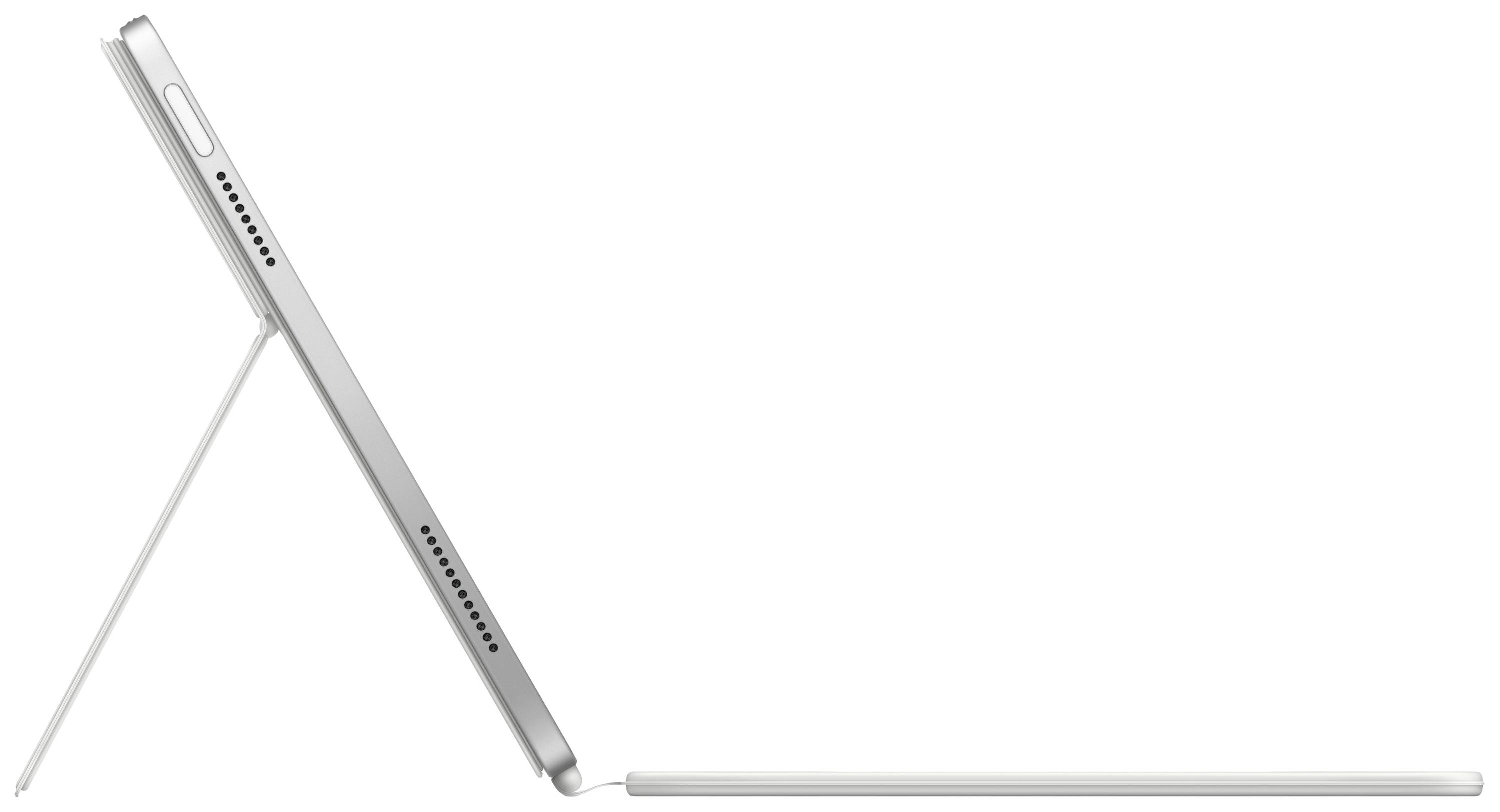 Ein Tablet steht mit einem ausklappbaren Ständer aufrecht auf einer Oberfläche, daneben liegt ein Stift flach auf dem Tisch.
