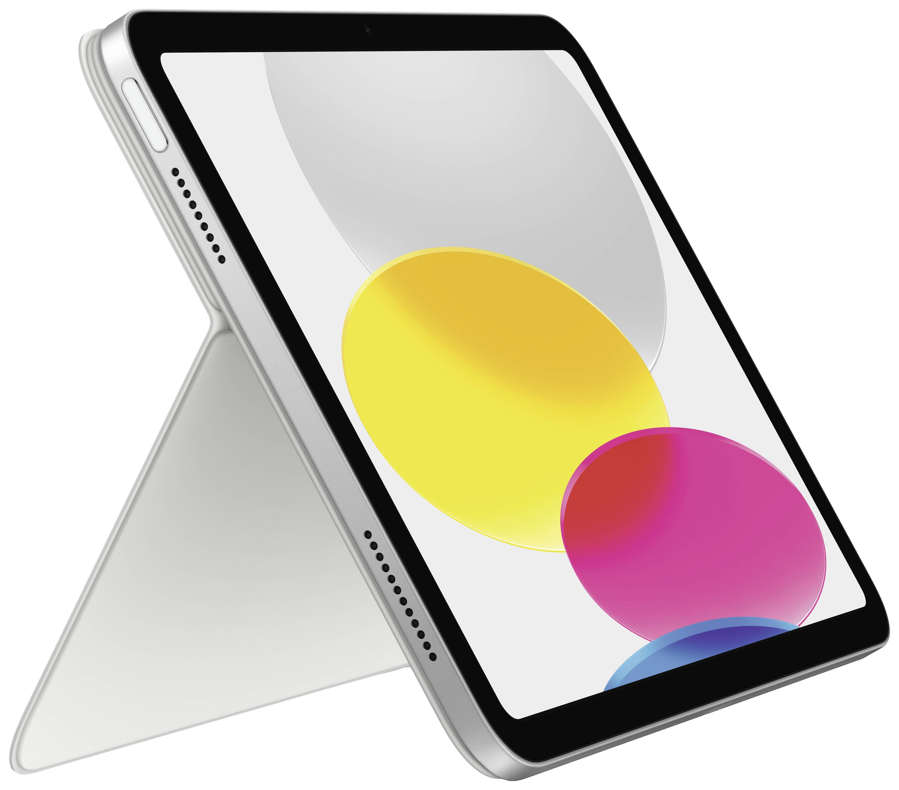 Tablet mit aufgeklapptem Ständer. Auf dem Bildschirm sind bunte, sich überlappende Kreise in Gelb, Pink und Grau zu sehen.