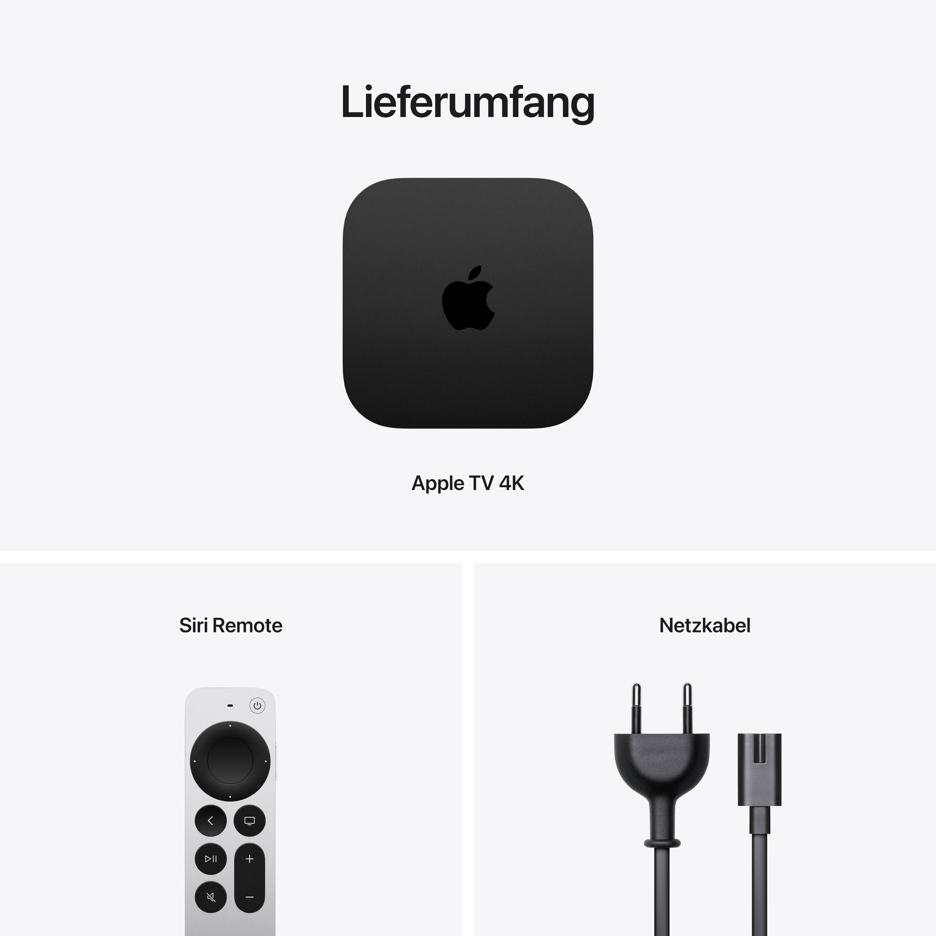 'Lieferumfang: Apple TV 4K, Siri Remote, Netzkabel.' Die Abbildung zeigt die enthaltenen Komponenten eines Apple TV 4K.