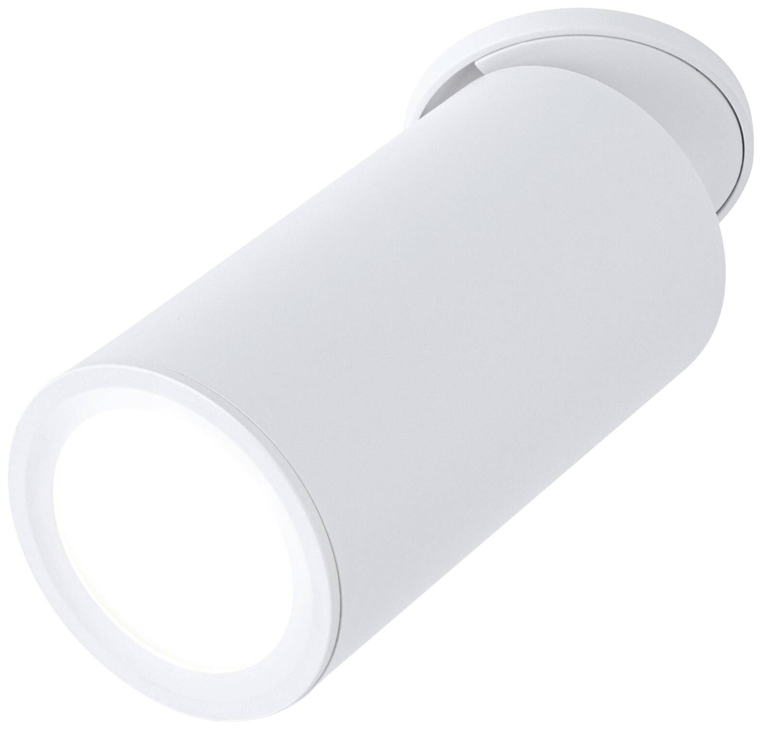 Weiße zylindrische Deckenleuchte mit schwenkbarem Spot. Ideal für gezielte Beleuchtung in modernen Innenräumen.