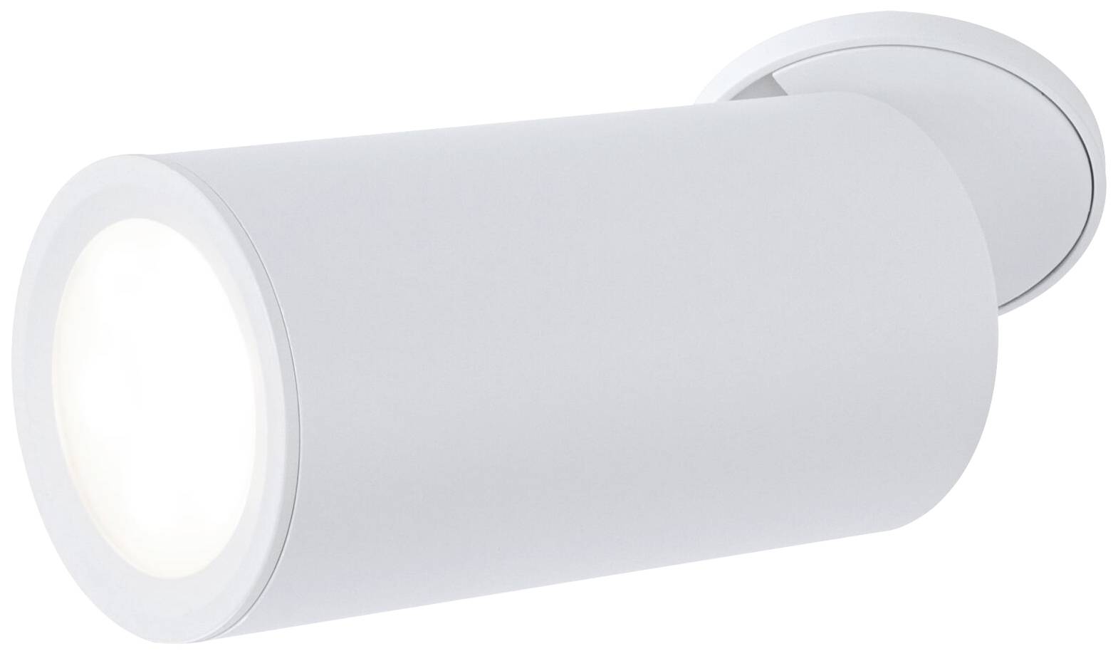 Zylindrische, weiße Deckenleuchte mit fokussiertem Lichtstrahl, geeignet für moderne Innenräume.