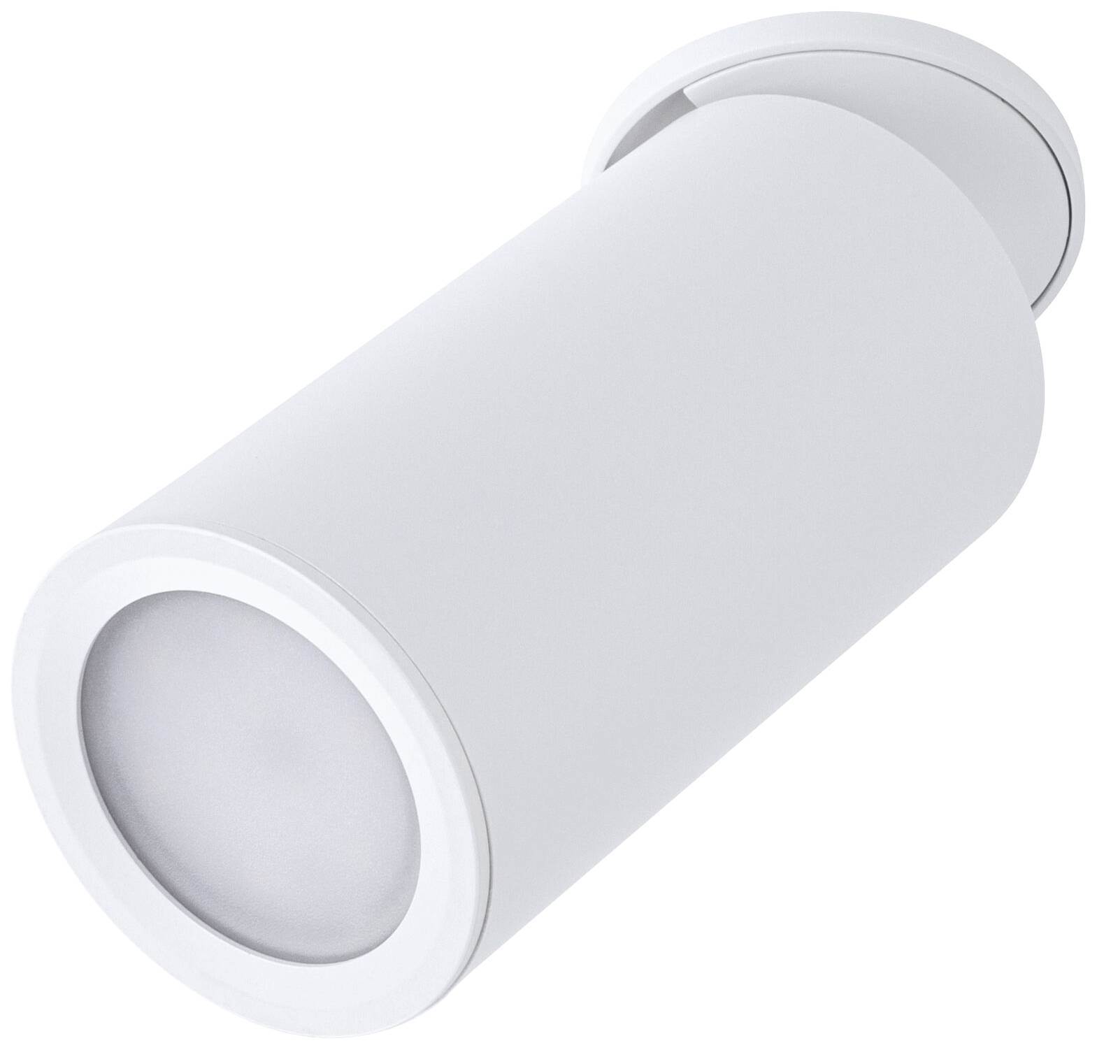 Ein weißer, zylindrischer LED-Deckenstrahler mit einem schwenkbaren Kopf. Design für elegante und funktionale Wohnraumbeleuchtung.