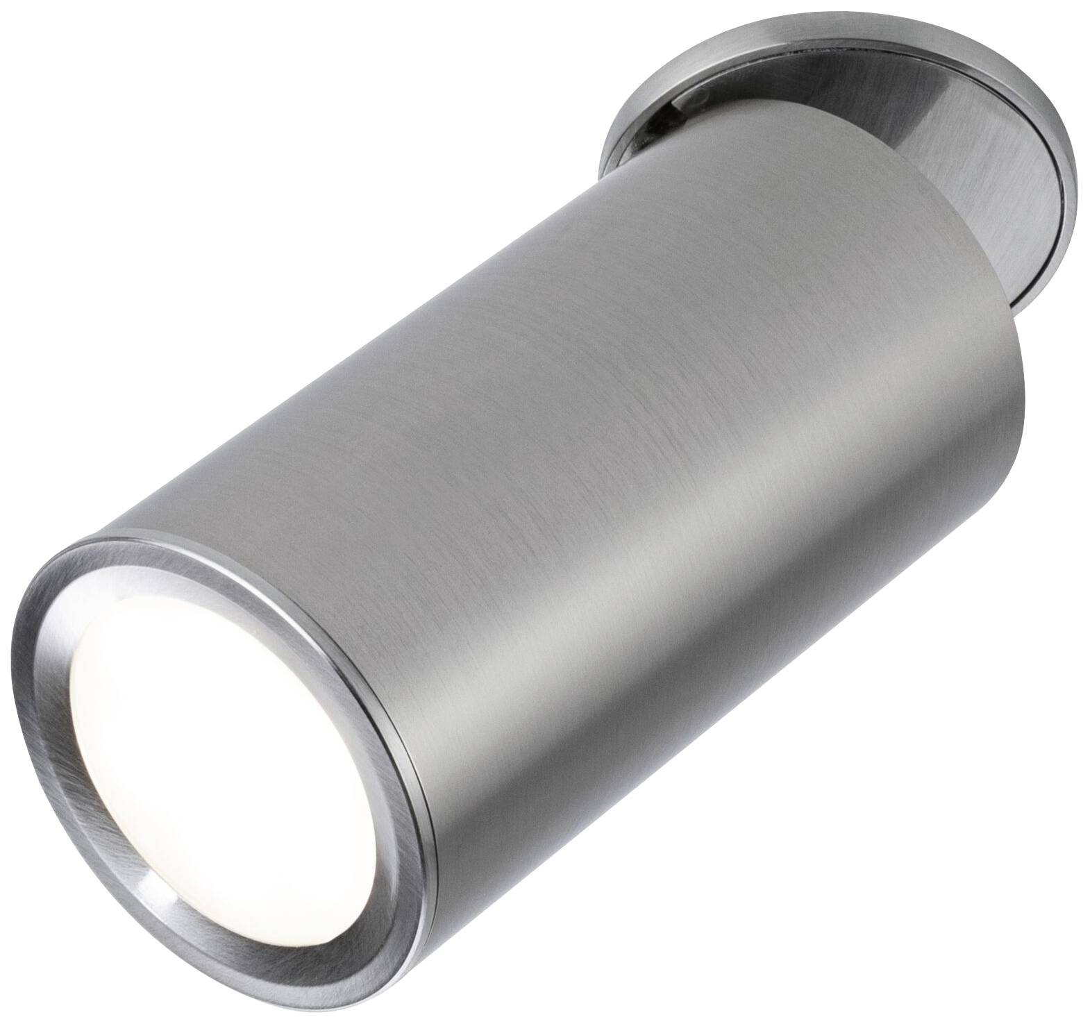 Moderne zylindrische Deckenlampe aus gebürstetem Metall mit diffuser Lichtabgabe, geeignet für stilvolle Innenbeleuchtung.