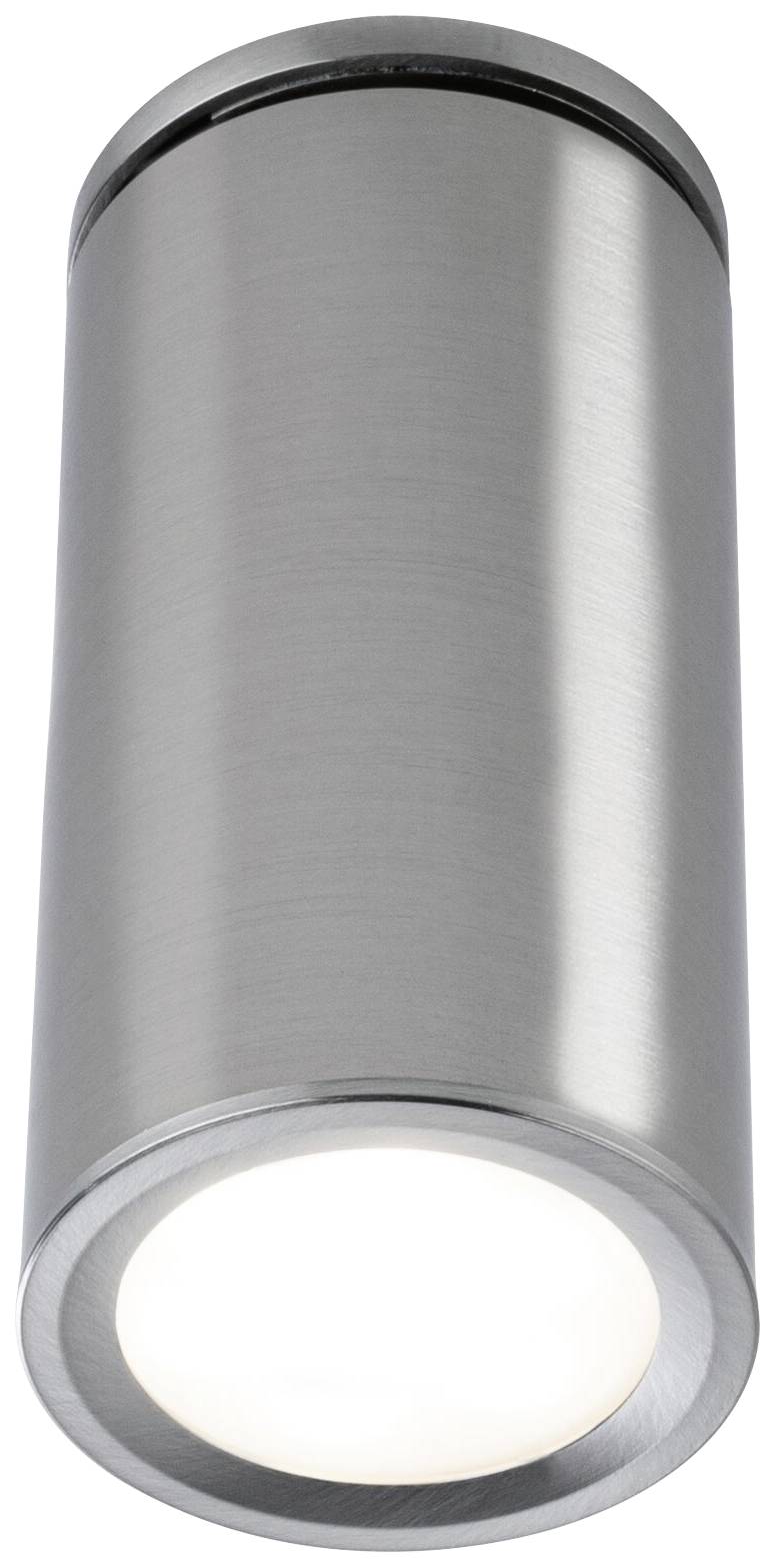 Ein zylindrisches Deckenleuchtegehäuse aus Metall mit gebürsteter Oberfläche und einem leuchtenden, runden LED-Licht an der Unterseite.