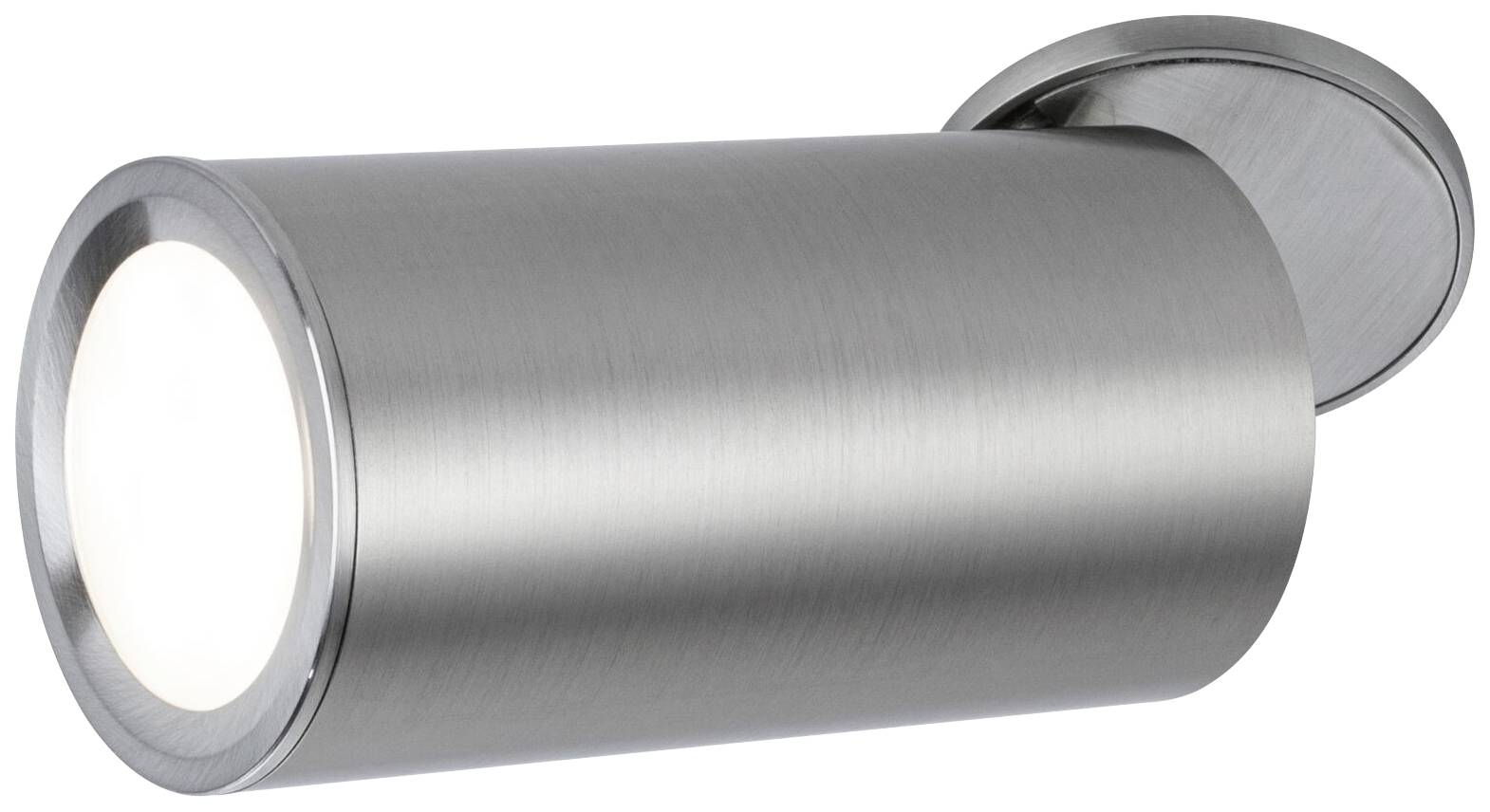 Zylinderförmige, silberne LED-Wandleuchte mit rundem Sockel. Minimalistisches Design für moderne Innen- oder Außenbeleuchtung.