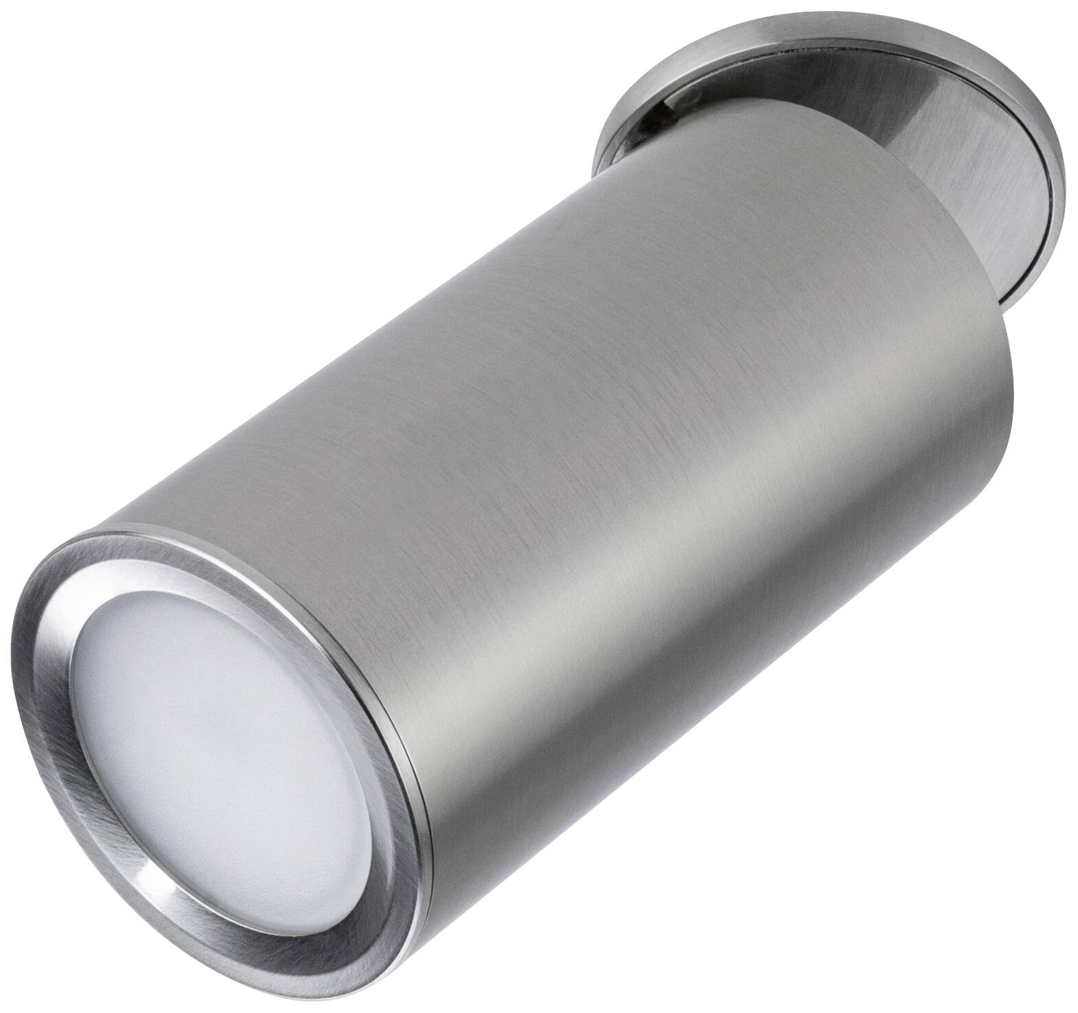 Ein zylindrischer, silberner LED-Spotstrahler mit mattem Finish, geeignet zur Wand- oder Deckenmontage im Innenbereich.