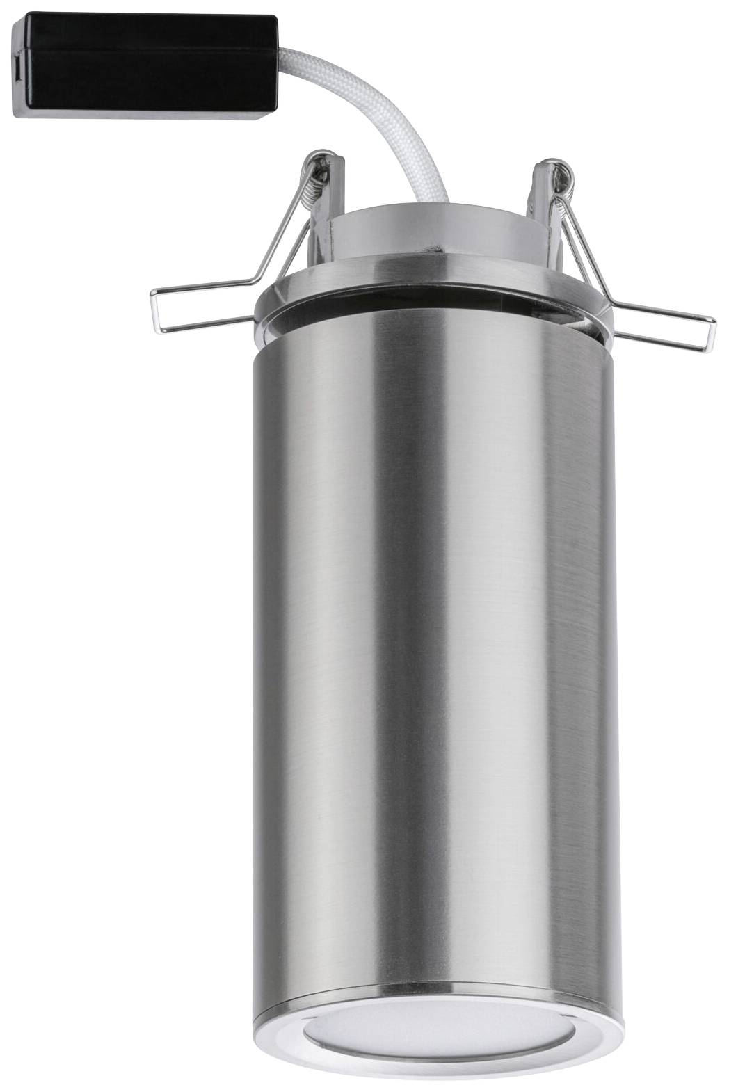 Zylindrische LED-Einbauleuchte in silbernem Gehäuse, geeignet für Deckenmontage, mit flexiblem Anschlusskabel oben.
