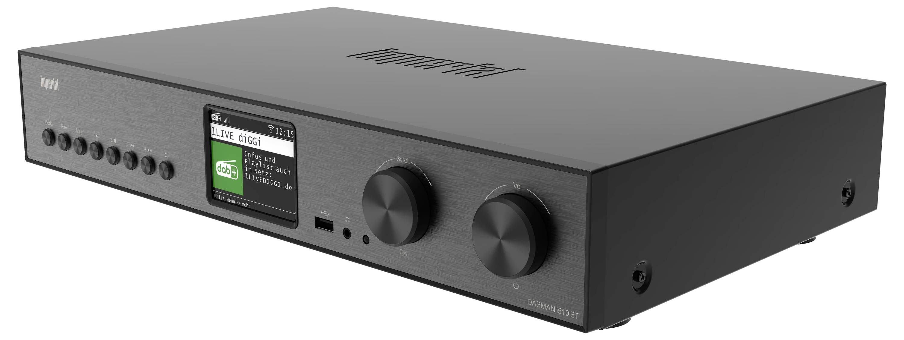 Schwarzer Stereo-Audioverstärker mit Display auf der Vorderseite, Eingabetasten, USB-Anschluss und zwei großen Bedienknöpfen.