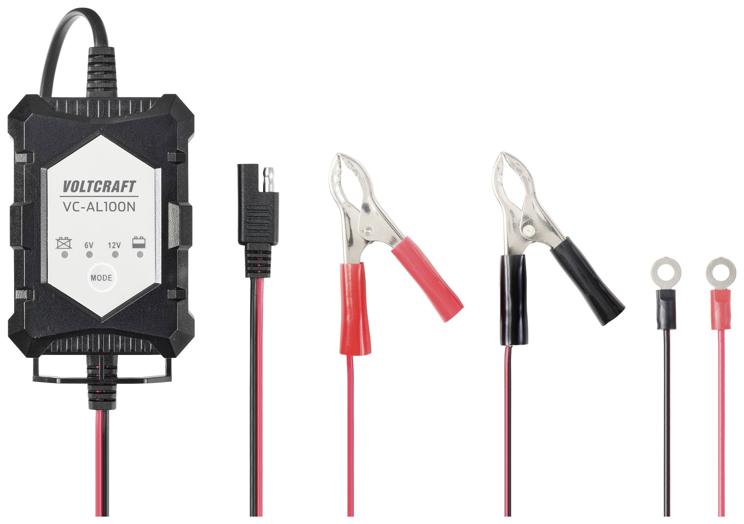 Batterieladegerät mit zwei Krokodilklemmen und Rundösenanschlusskabel, geeignet für 6V oder 12V Batterien.