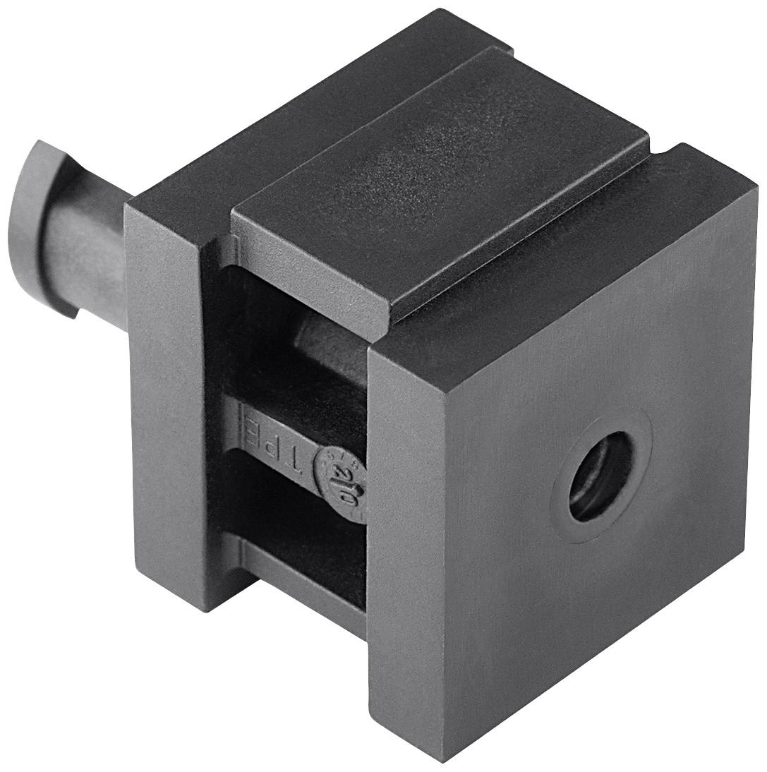 Schwarze metalldüse mit quadratischem Grundkörper und zylindrischem Ansatz, mittiges Loch, industrieller Befestigungszweck.