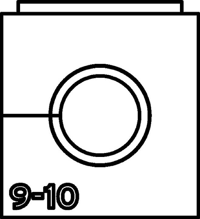 Ein rechteckiges Symbol mit einem Kreis in der Mitte und der Zahl '9-10' in der unteren linken Ecke.