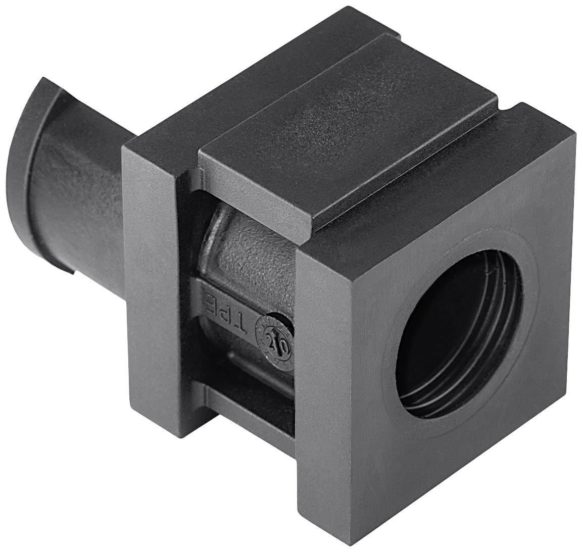 Ein schwarzes, quadratisches Bauteil mit rundem Loch in der Mitte, möglicherweise ein Adapter oder Anschlussstück aus Kunststoff.