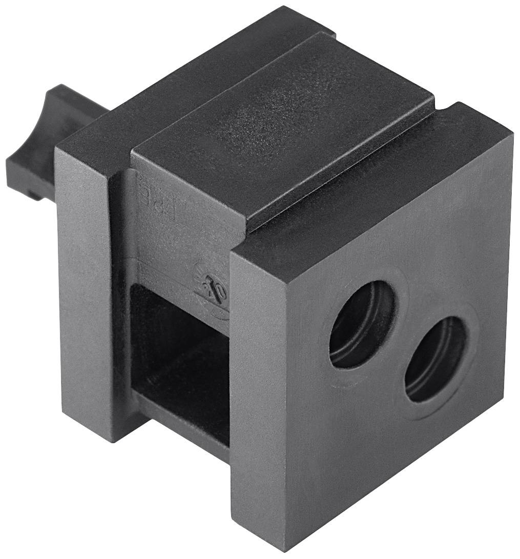 Ein schwarzes, rechteckiges Bauteil mit zwei runden Öffnungen und einem herausragenden Hebel an der Seite.