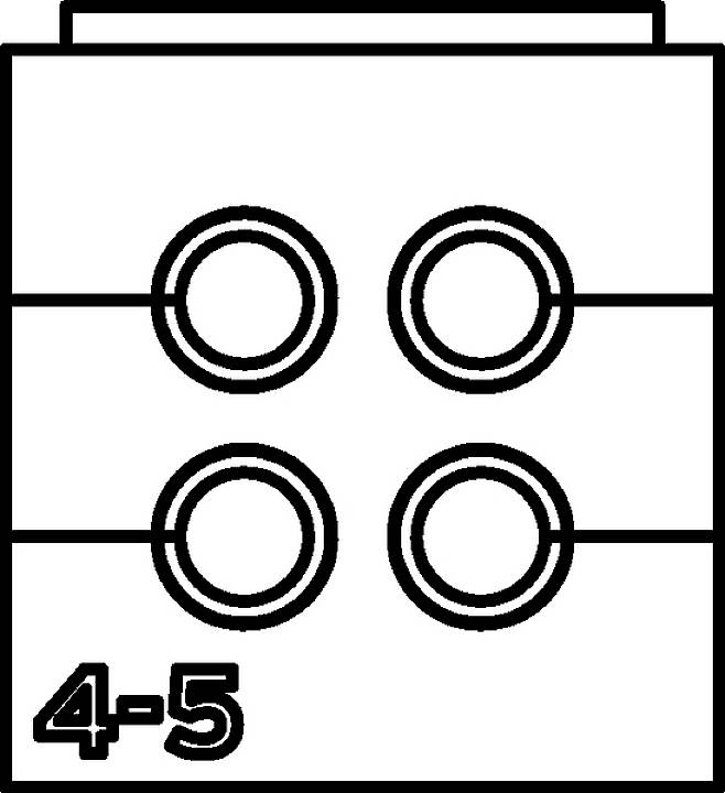 Eine Skizze eines LEGO-Steins mit vier Noppen in zwei Reihen. Unten links ist die Zahl '4-5' abgebildet.