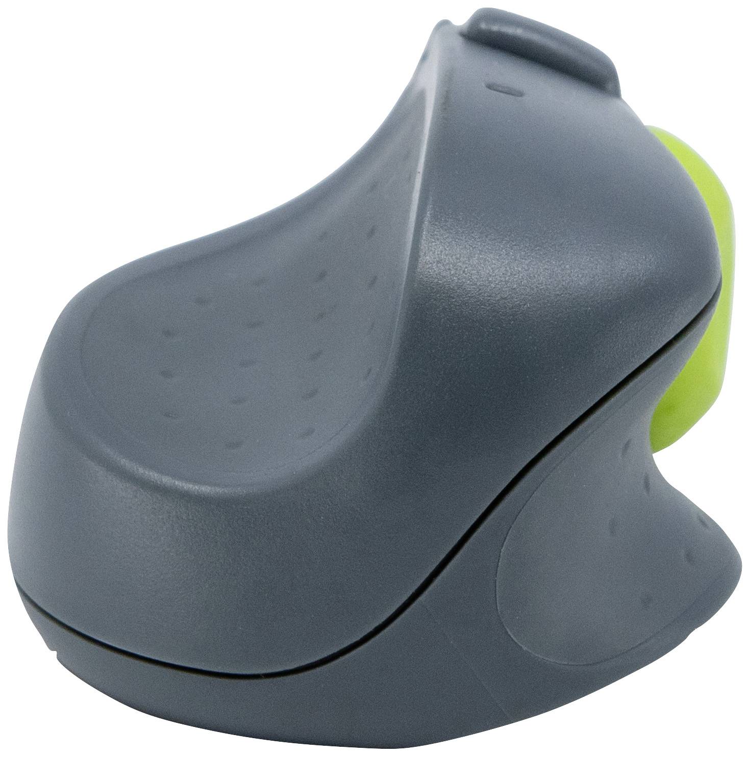 Ergonomische vertikale Computermaus, grau mit grüner Taste, verbessert Handgelenkhaltung und reduziert Belastung bei der Nutzung.