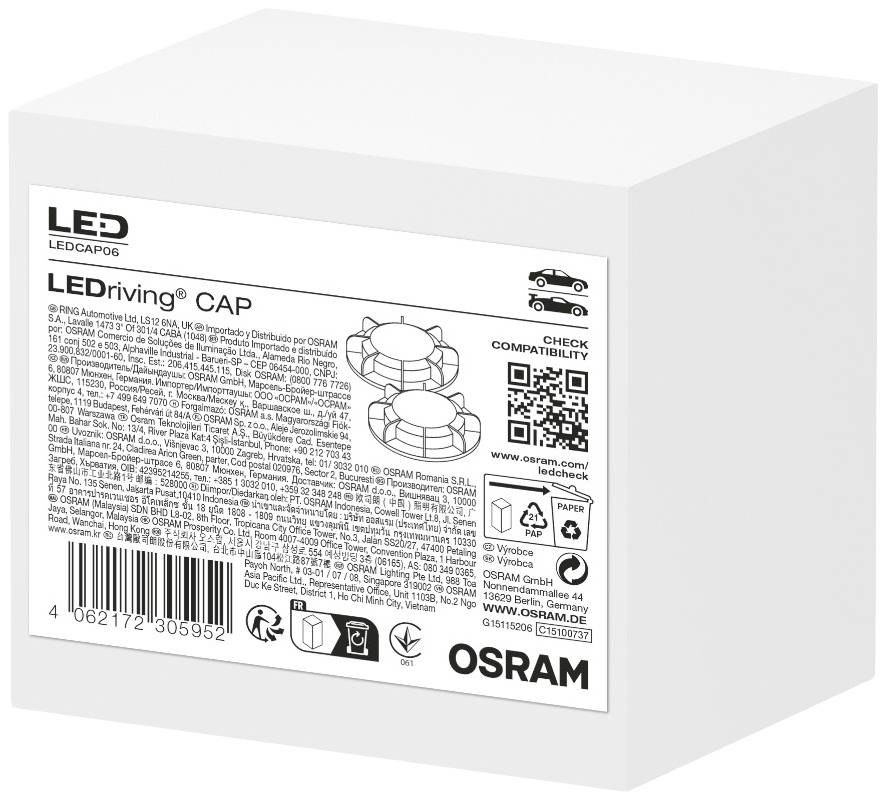 Verpackung einer Osram LED Lampe mit Text und Symbolen wie EU-Konformitätskennzeichnung, QR-Code und Produktinformation.