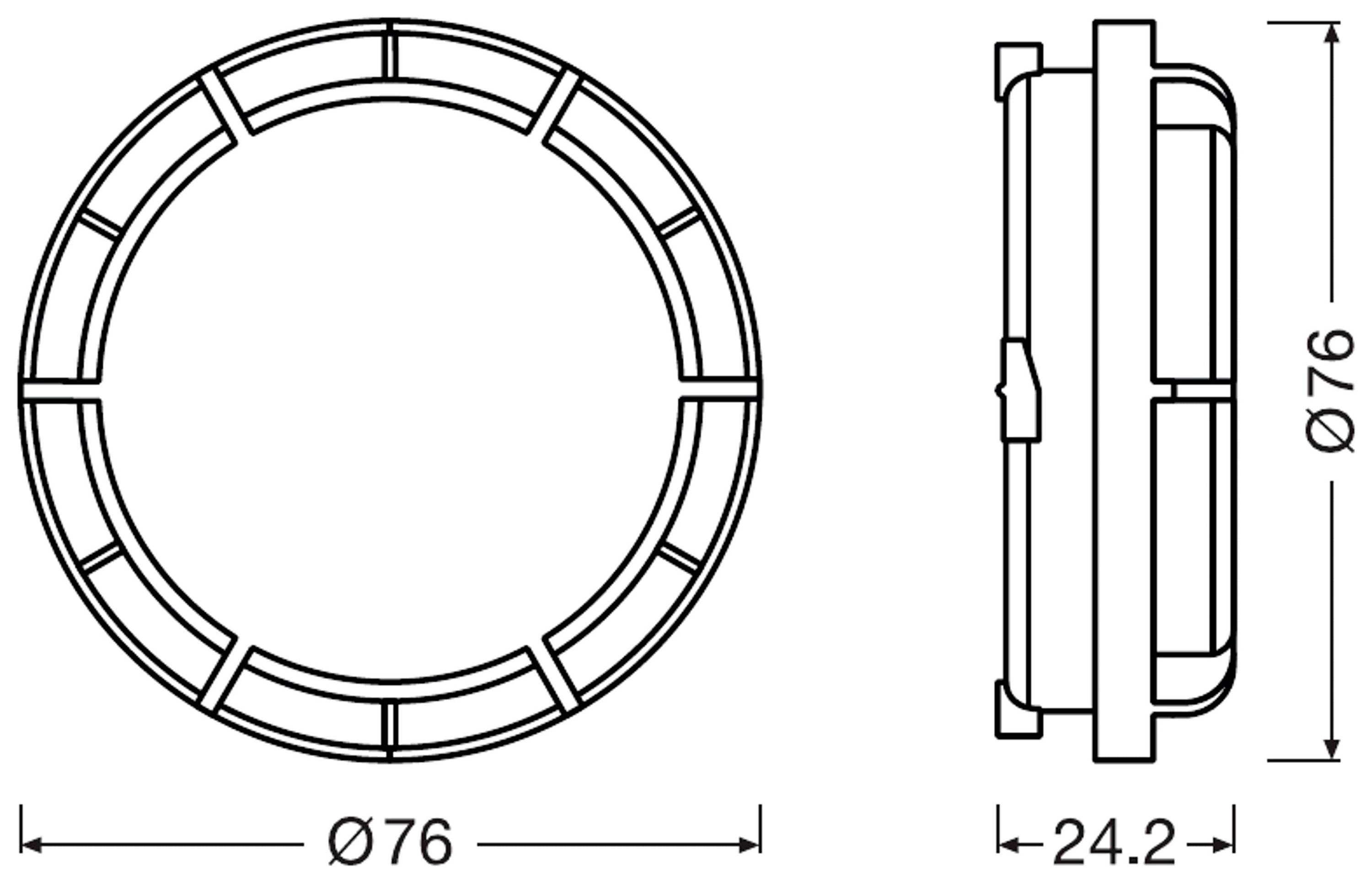 Technische Zeichnung eines runden Objekts mit Durchmesser Ø76 und Tiefe 24,2 mm. Ansicht von oben und im Querschnitt dargestellt.