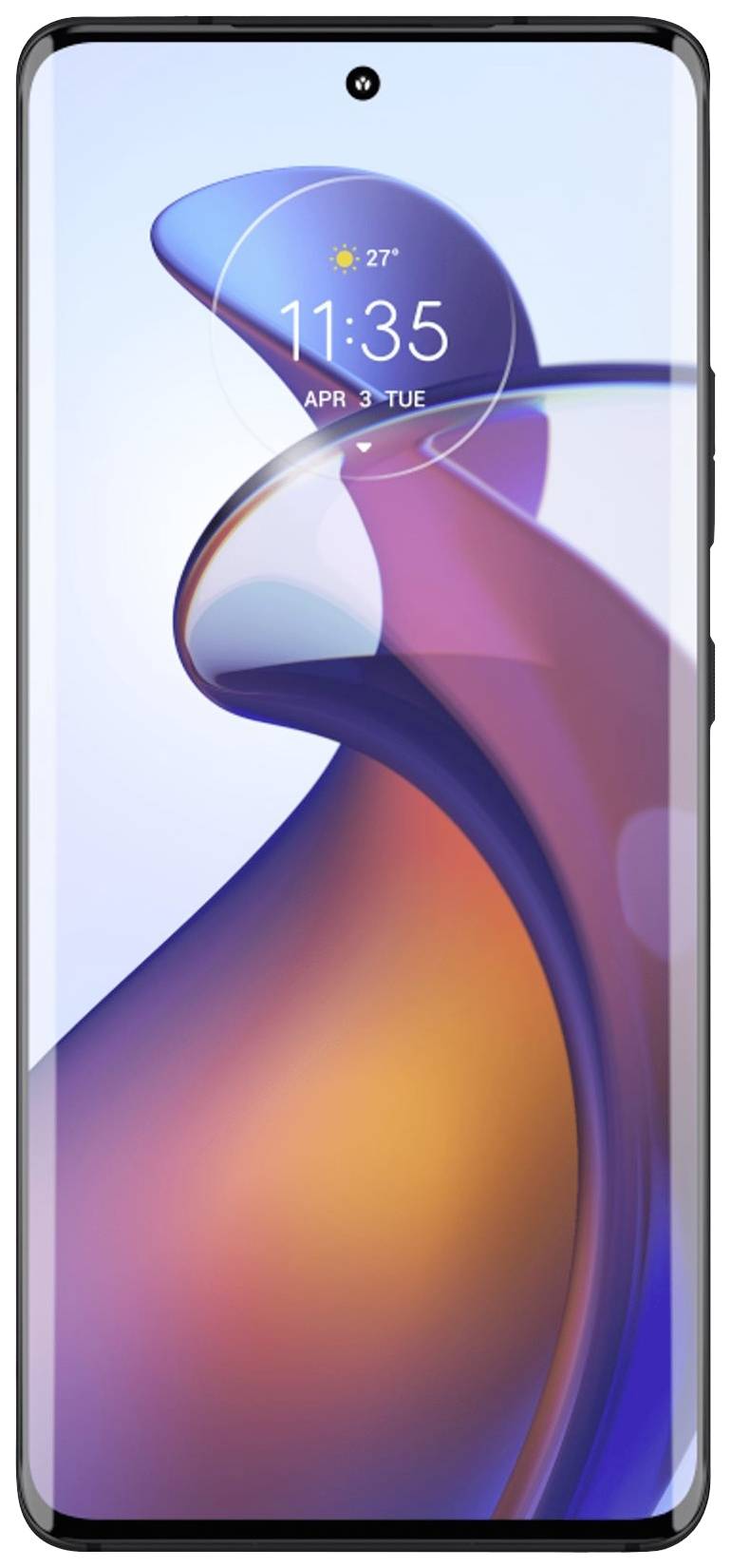 Ein modernes Smartphone mit großem Display, abgerundeten Ecken und einer Kamera im oberen Bildschirmbereich. Temperaturanzeige: 27°C.