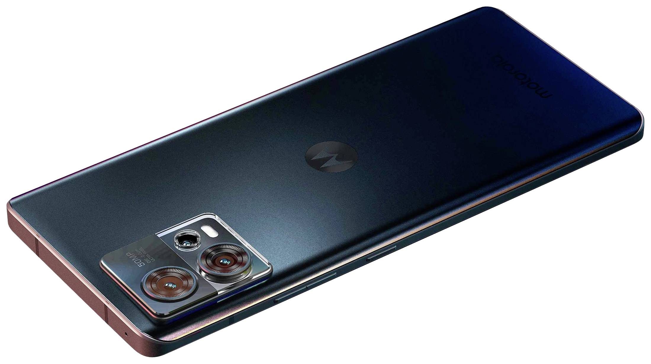 Ein modernes Smartphone in dunklem Metallic-Finish liegt schräg, die Hauptkameras mit zwei großen Objektiven hervorstehend sichtbar.