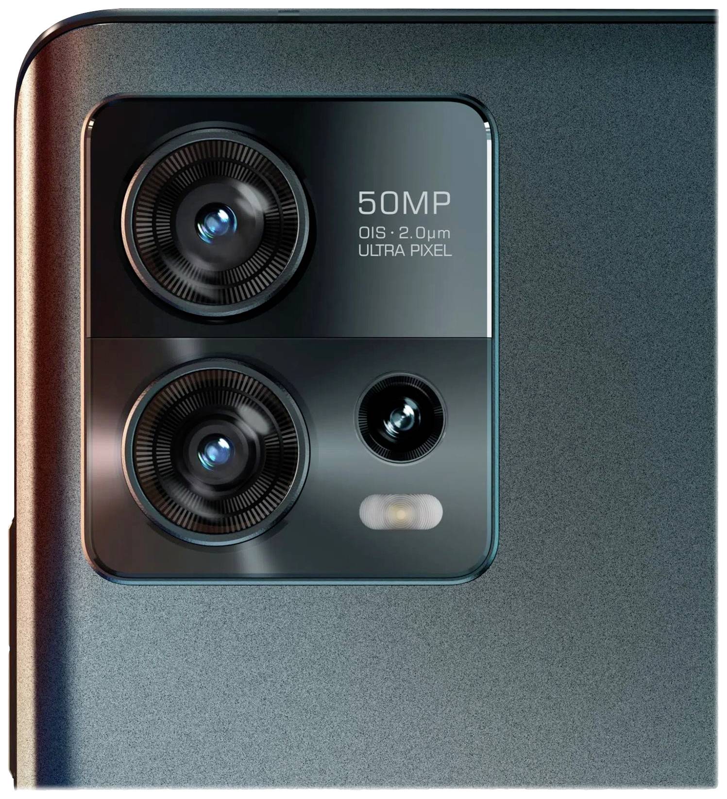 Smartphone-Rückseite mit Fokus auf Kameramodul, bestehend aus zwei großen Linsen, einer kleineren Linse und Blitz. Text: '50MP OIS 2.0µm Ultra Pixel'.