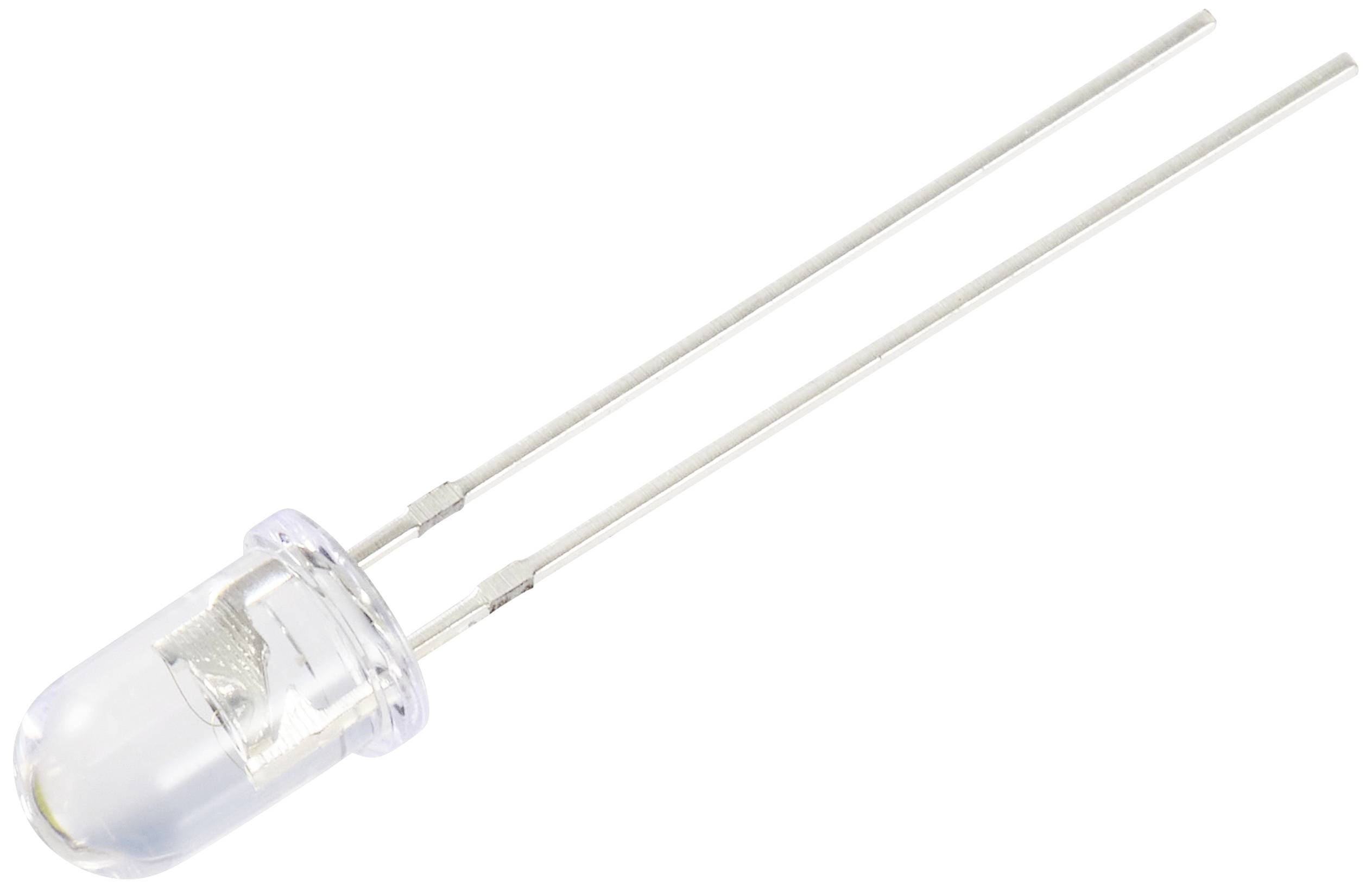 Eine klare LED mit zwei langen Metall-Beinchen, die aus der Unterseite herausragen.