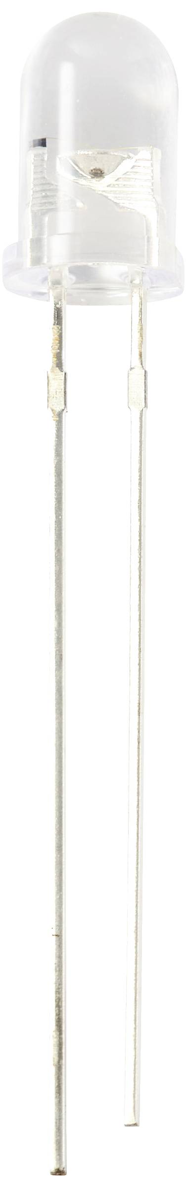 Ein LED-Licht mit klarer Kuppel und zwei langen Metallanschlüssen steht aufrecht.