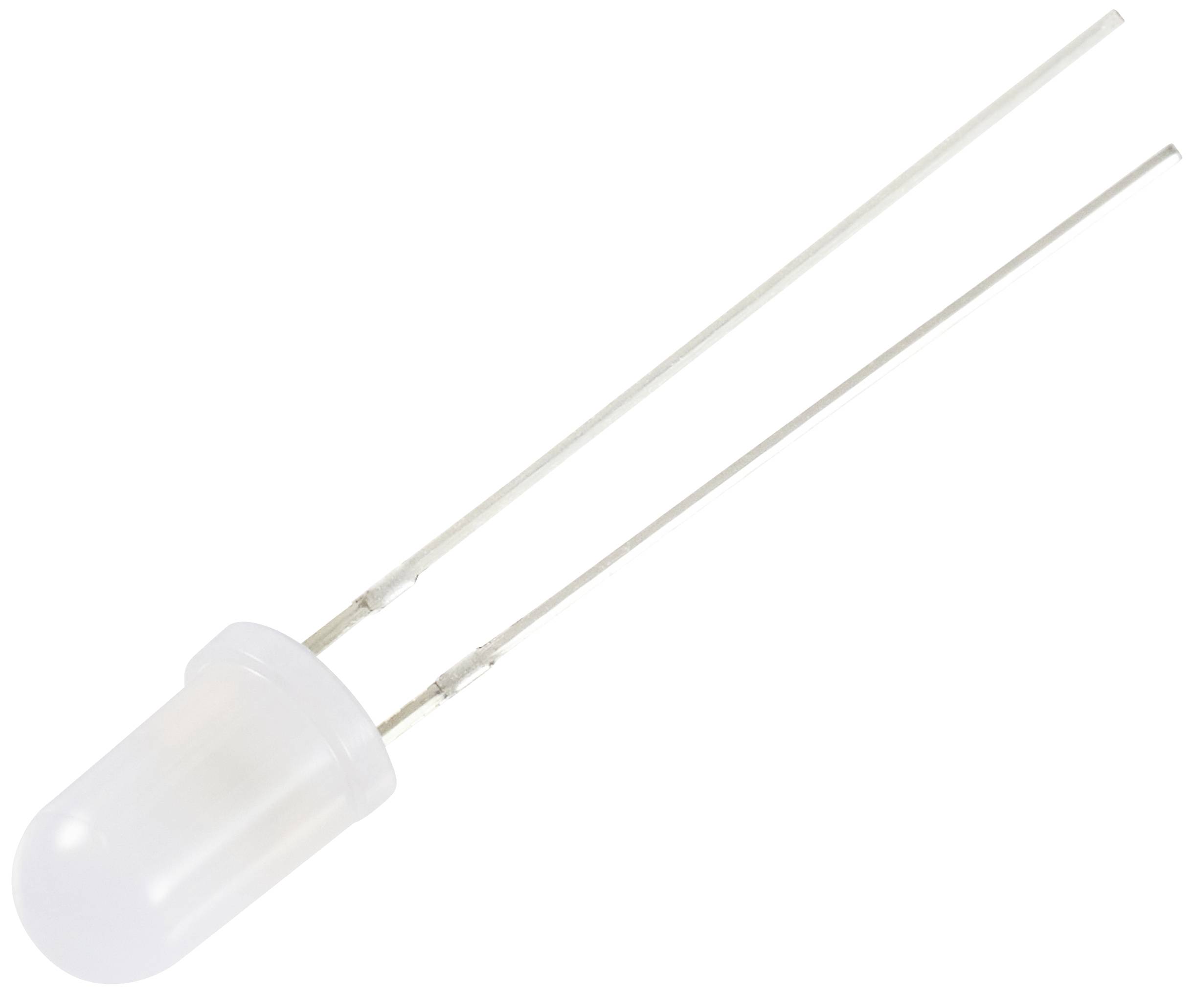 Eine weiße LED mit zwei Metallanschlüssen, isoliert auf weißem Hintergrund.
