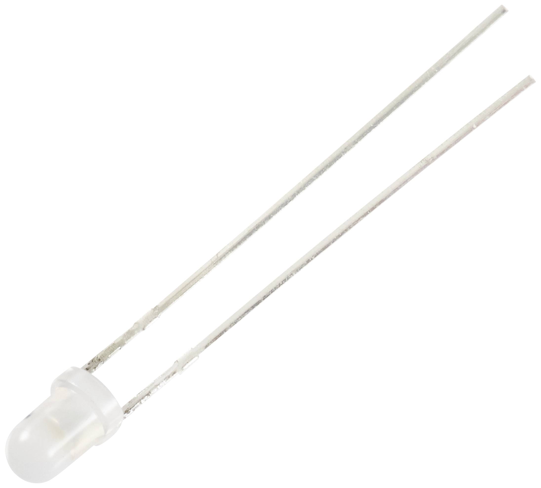 Eine weiße Leuchtdiode (LED) mit zwei langen Metallbeinen auf weißem Hintergrund.