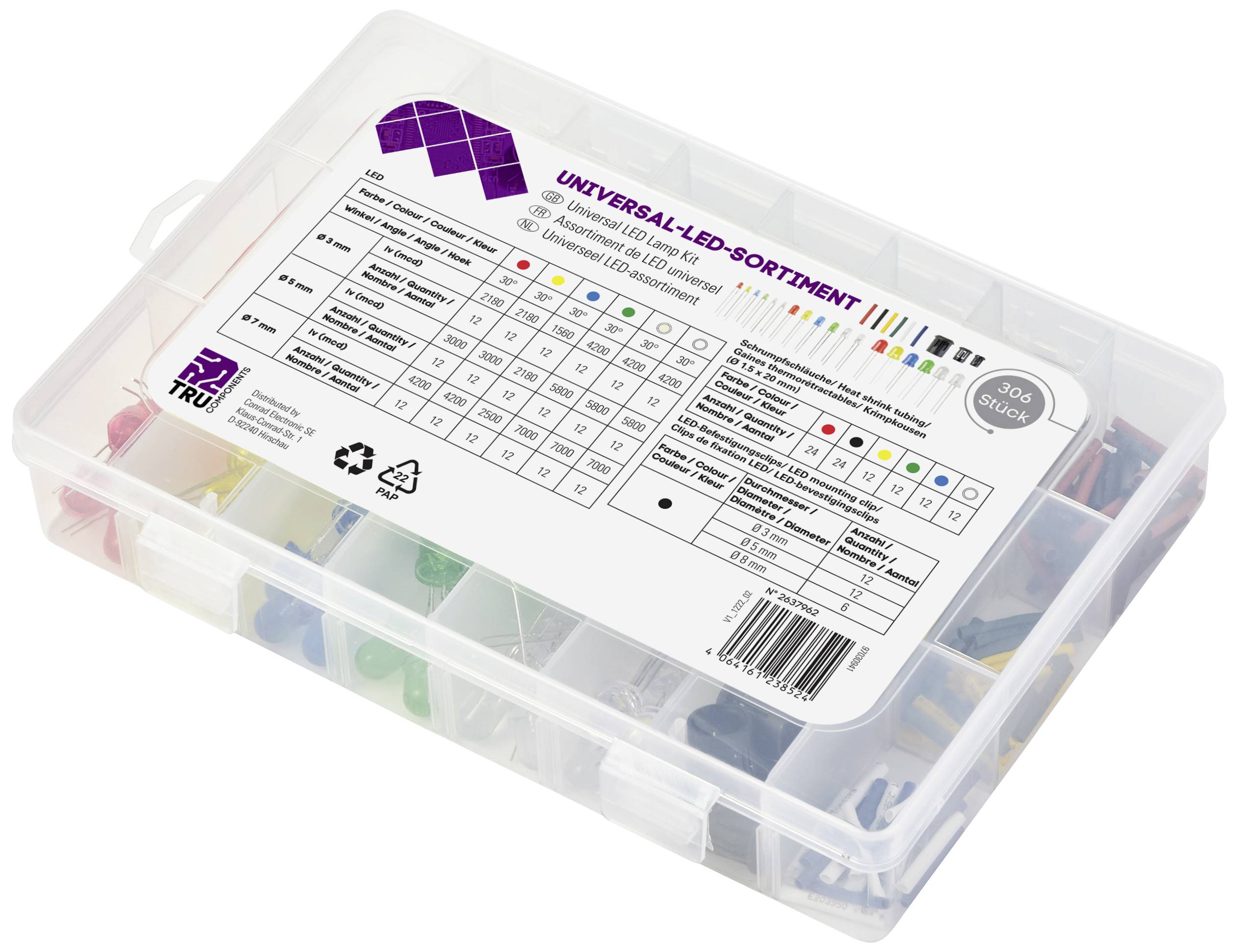 TRU COMPONENTS LED-Sortiment Rot, Blue, Grün, Gelb, Kaltweiß, Warmweiß Rund 3 mm, 5 mm, 8mm 30° 7.5 mA, 8mA 3 V, 15V